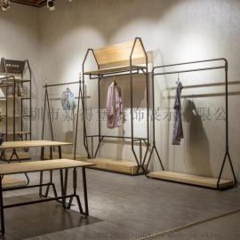 款复古实木男女服装店衣架展示架落地式上墙中岛货架柜组合