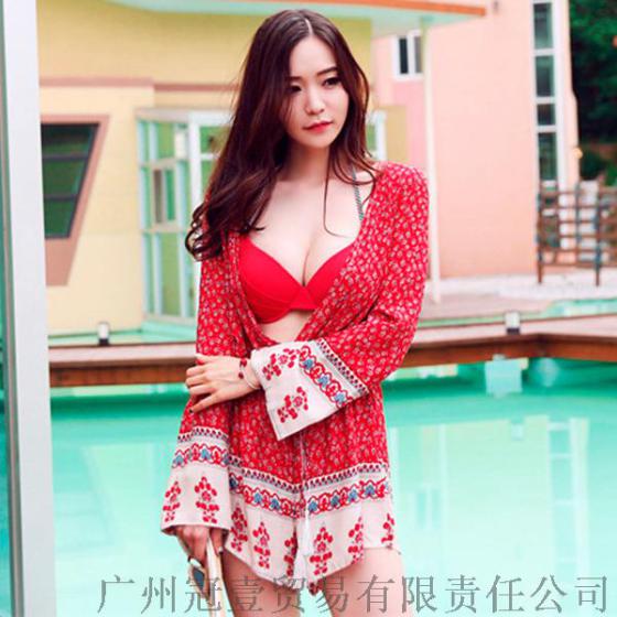 性感深V领 抽绳束腰 沙滩款防晒碎花长袖连体裤【外贸女装现货批发】