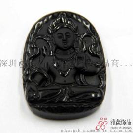 天然黑曜石白度母吊坠