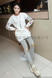 秋季新款韩版修身 膝盖刺绣小猫咪九分裤显瘦打底裤女小脚裤