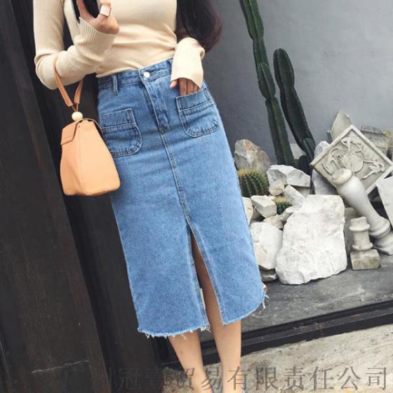 韩版开叉下摆中长款半身裙高腰包臀牛仔裙长裙【外贸女装现货批发】
