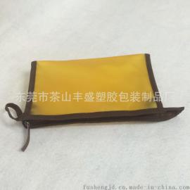 厂家长期订做PVC车缝化妆袋 PVC车缝咖啡色织带包边拉链袋 PVC黄色玻璃丝车缝袋