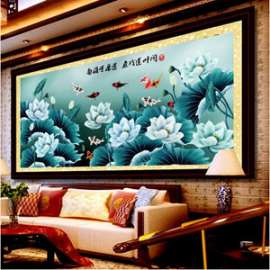新款粘贴圆水钻十字绣鱼福图 鲤鱼戏荷 莲花客厅大装饰钻石画包邮